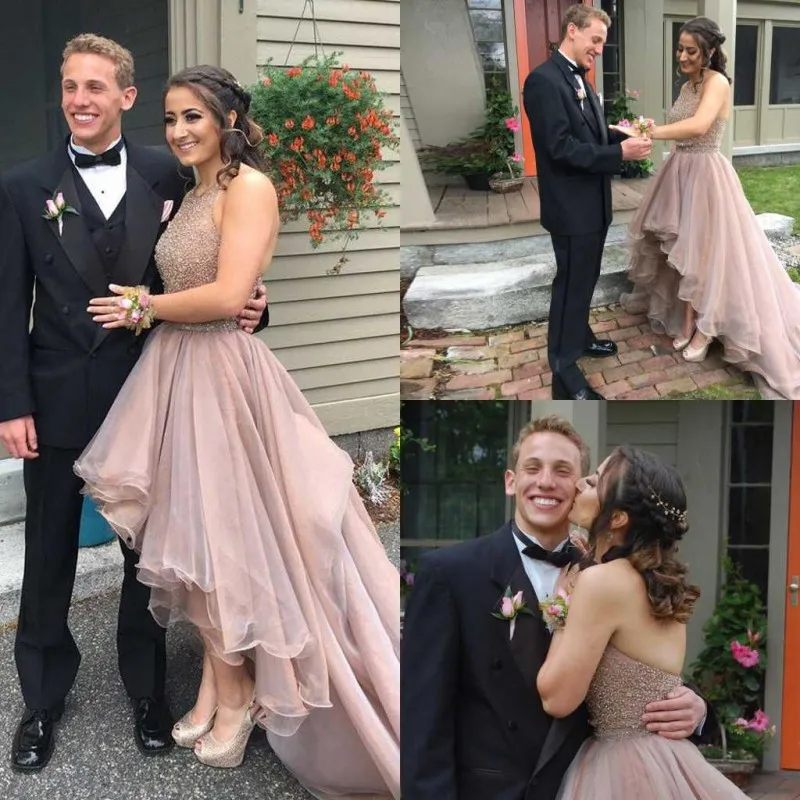 

High Low Prom Dresses Sleeveless Beading Sequined Women Formal Dress Plus Size Custom Made