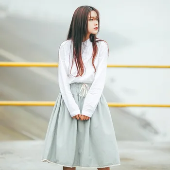 

Runback Skirts Women Knee Length A-line Elastic Waist Rope Solid Cotton Linen Mid Faldas Mujer Jupe Femme School Casual Skirt