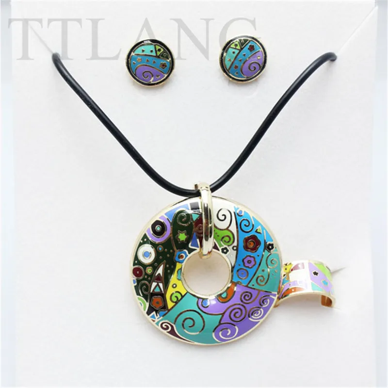 

Luxury Floral Patterns Enamel Jewelry Set (Necklace, Earring, Ring), 1 set/pack