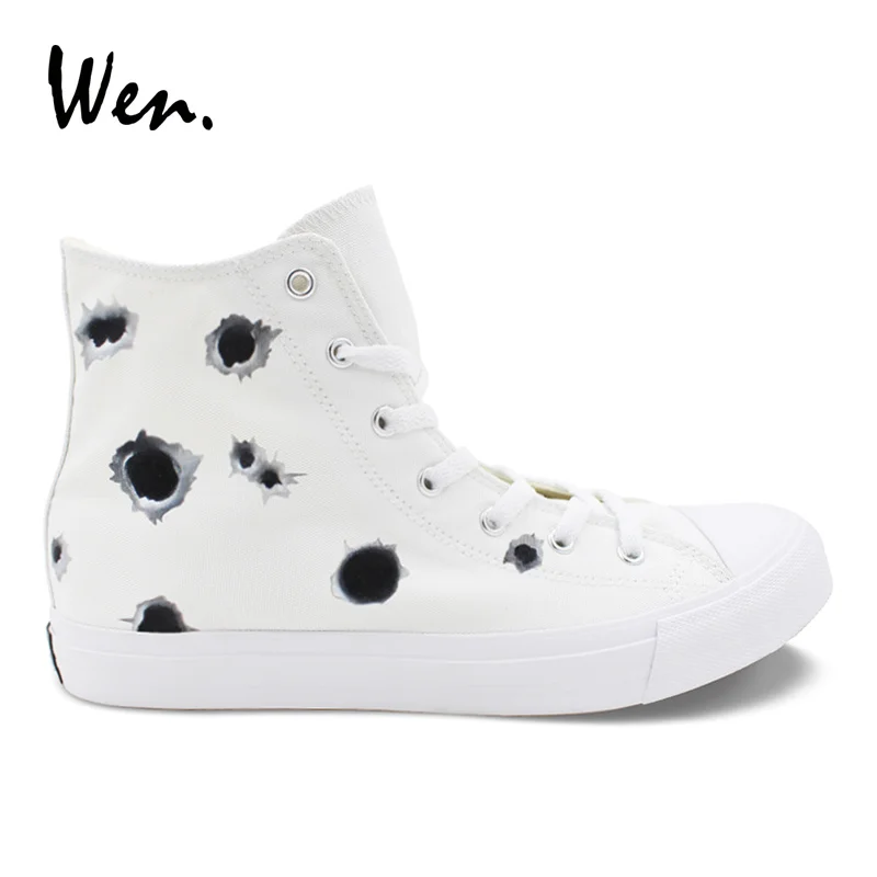 

Wen Original Design Hand Painted Sneaker Bullet Hole High Top White Men Women's Canvas Shoes Adult Skateboarding Athletic Shoes