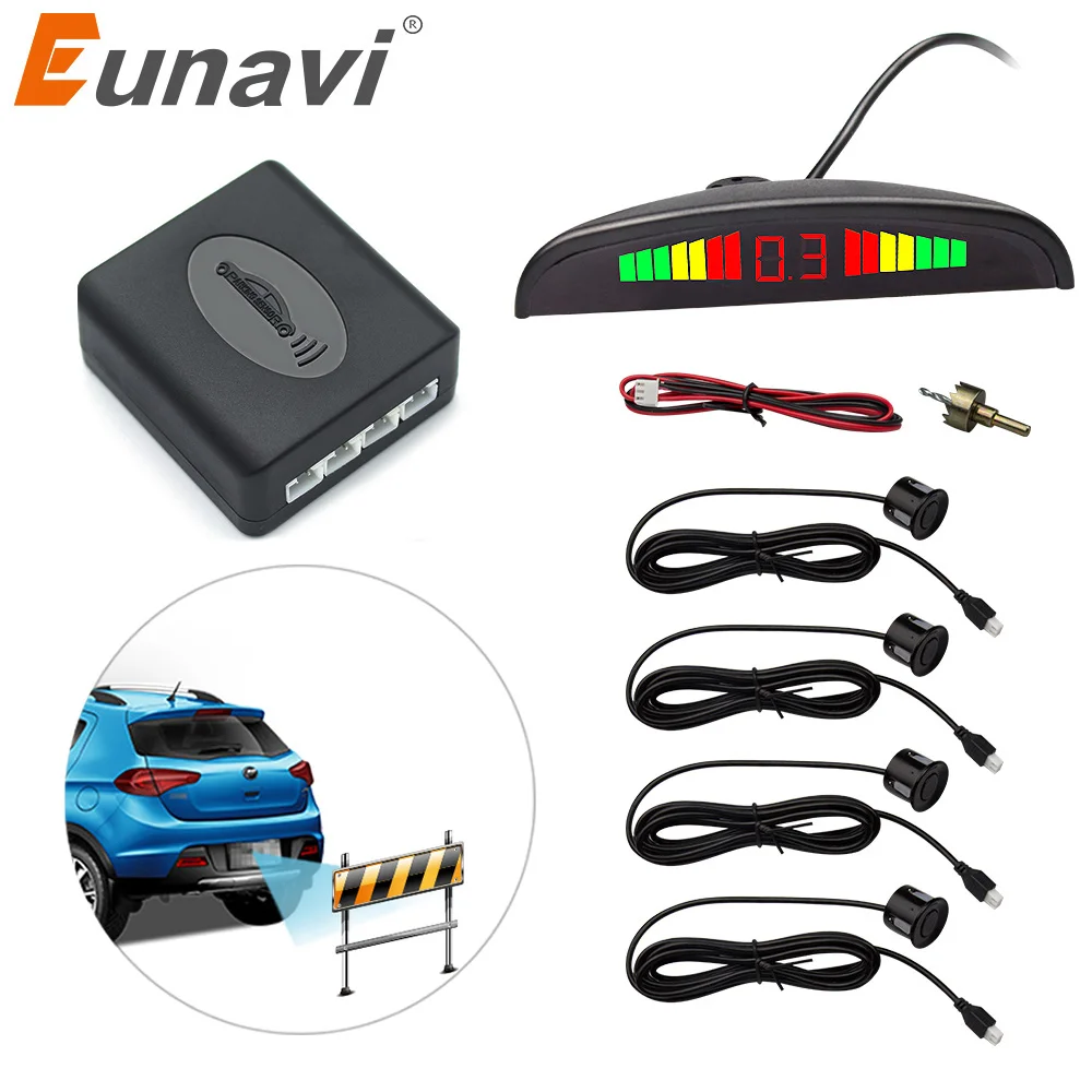 Eunavi 1 компл.. Авто парктросветодио дный Ник светодиодный датчик парковки Комплект дисплей 4 датчика s для всех автомобилей обратная помощь резервный Радар монитор системы - изображение