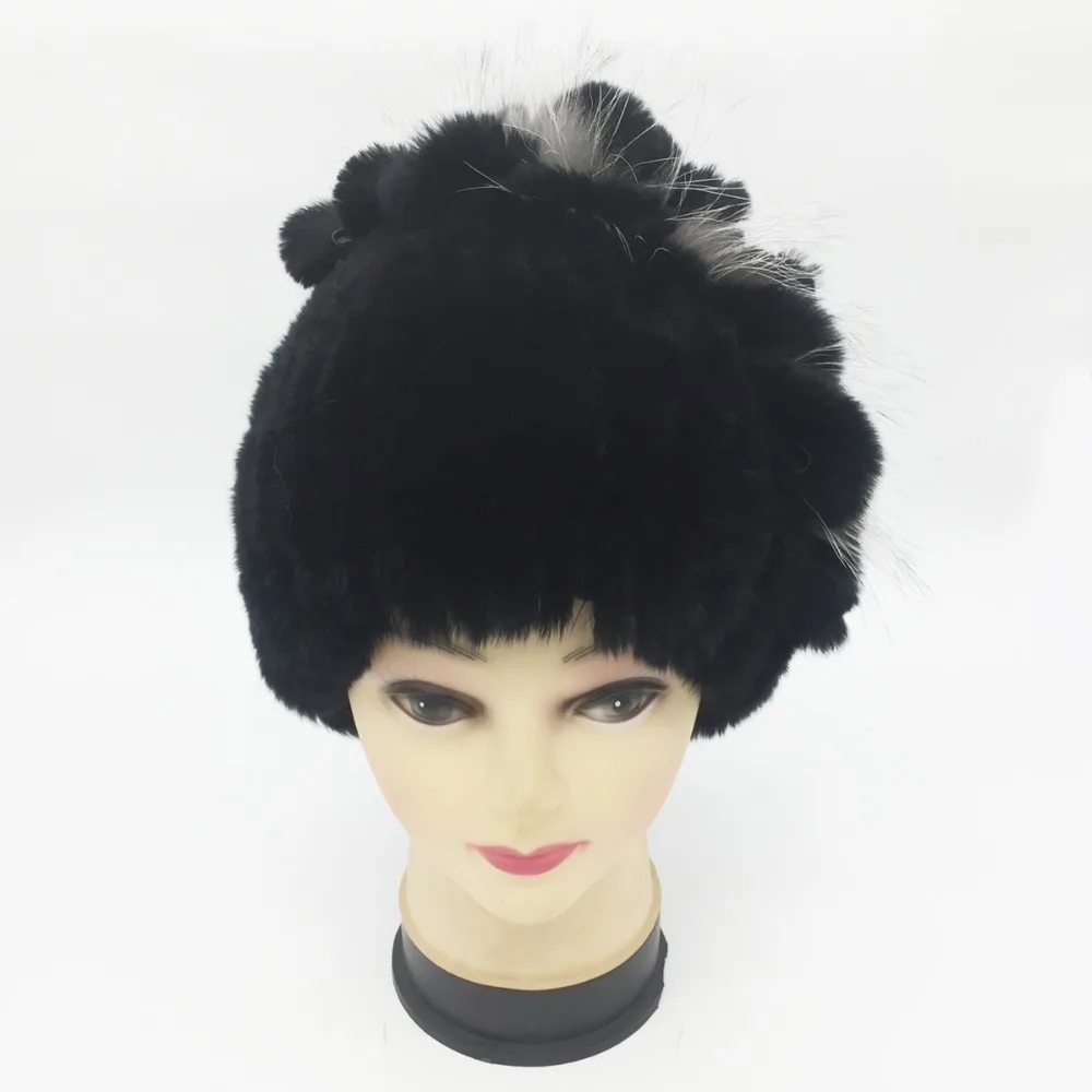 Женская зимняя трикотажная Шапка бини из натурального меха кролика|knitted cap|rex rabbit