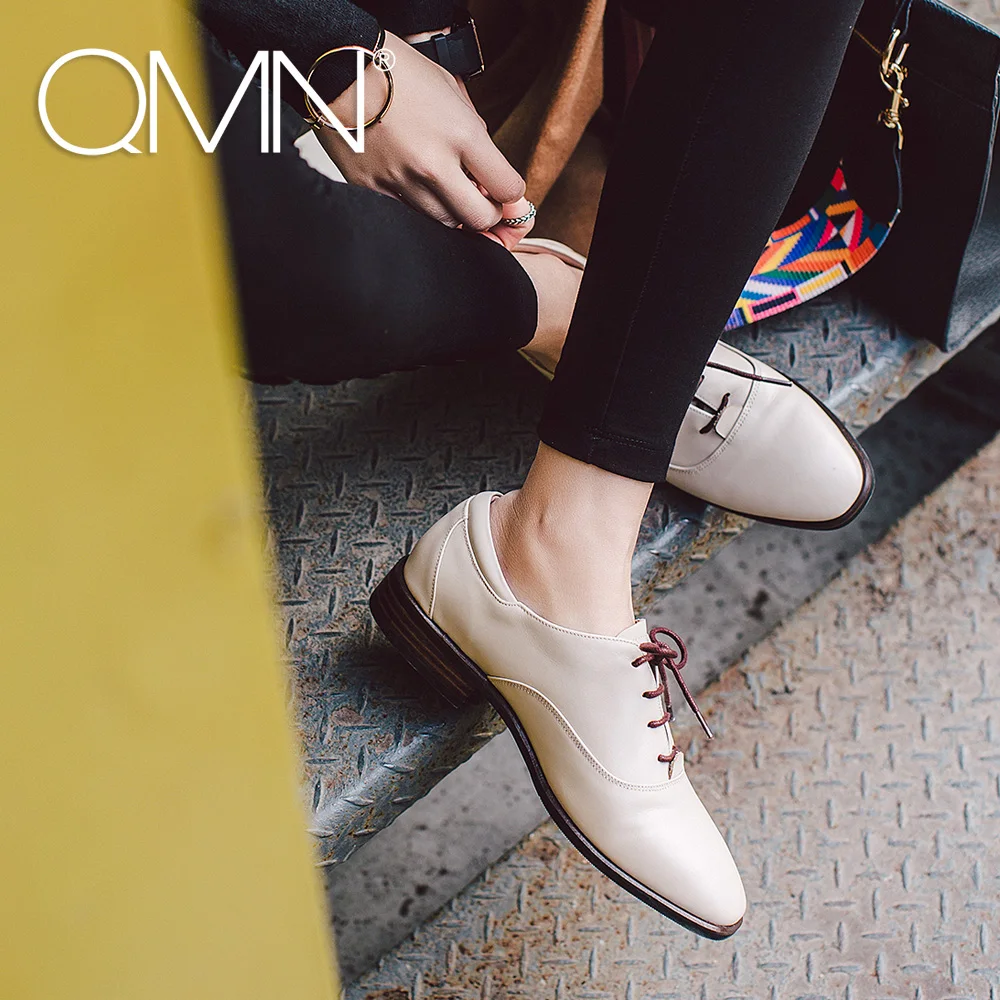 

QMN women genuine leather flats Women Square Toe Brogue Shoes Woman Typical British Style Real Leather Oxfords 34-40