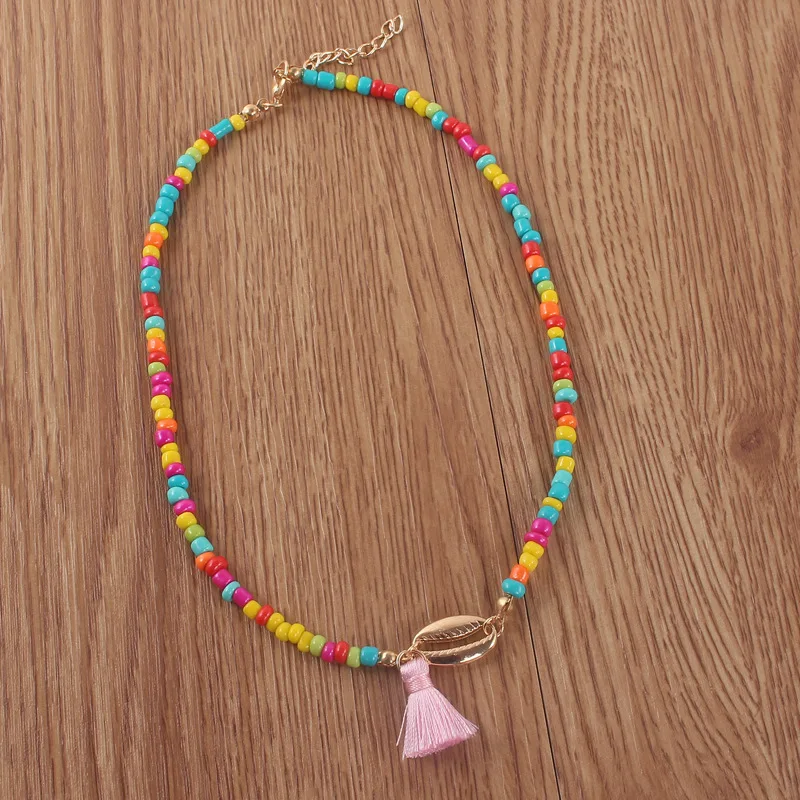 Модное акриловое ожерелье с рисовыми бусинами, женское ожерелье с разноцветной кисточкой, короткое ожерелье с подвеской на цепочке, богемное ожерелье, ювелирное изделие