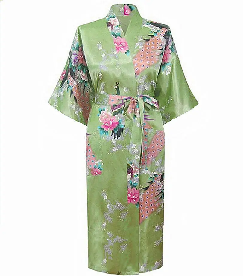 Новинка, китайский Шелковый Атласный халат, Женская длинная ночная рубашка, повседневное банное платье, Цветочная Пижама для женщин размера плюс, S до XXXL, NR064 - Цвет: Light Green Middle