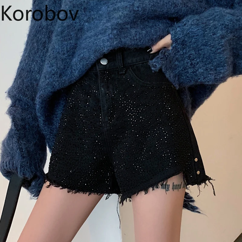 

Korobov Korean Chic Black Denim Women Shorts Summer High Street High Waist Jean Shorts Preppy Style Sequin Shorts 77892