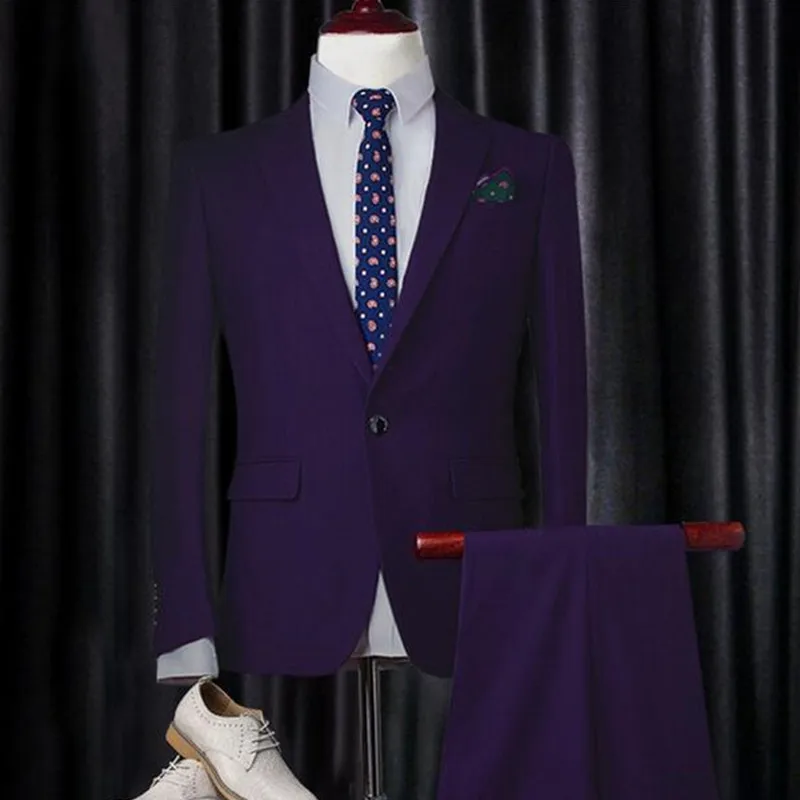 Модный классический мужской костюм, однотонный однобортный мужской костюм с отворотом для свадьбы и бизнес-офиса(пиджак+ брюки - Цвет: Purple
