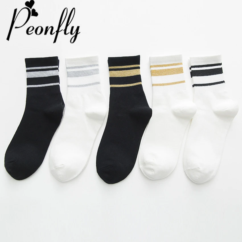PEONFLY, новинка, золотые шелковые одноцветные женские носки, модные, забавные, с широкими тонкими полосками, дышащие, черные, белые, хлопковые носки для женщин