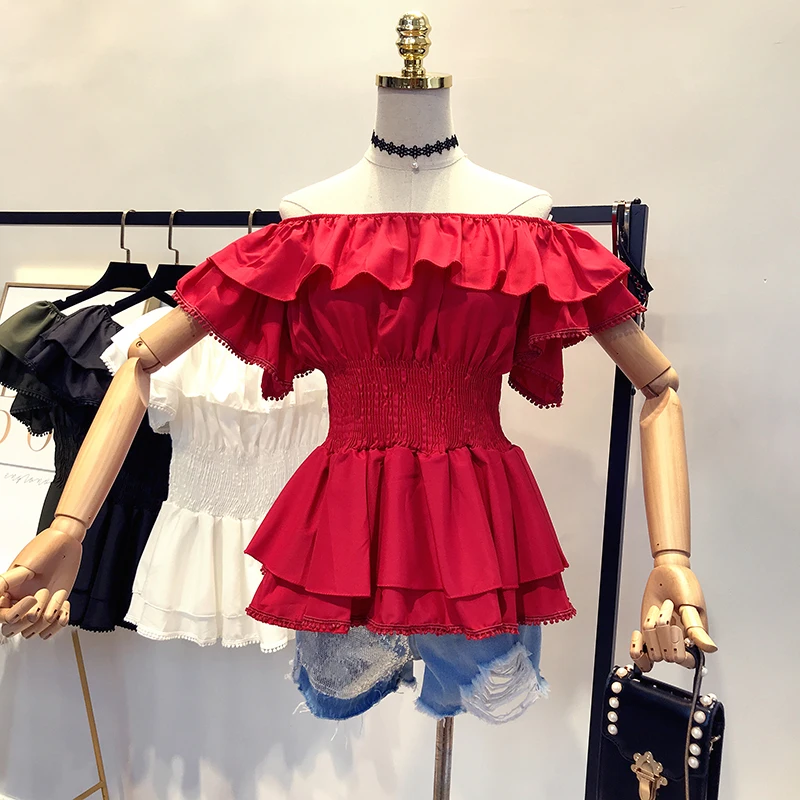 

2018 summer new female slash neck ruffles chiffon shirt women's butterfly sleeve waist sweet Flounced shirts women blouse