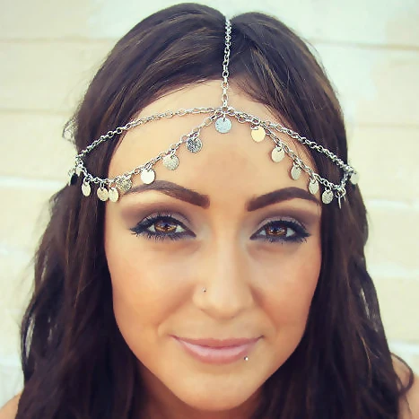 

New fashion dics double layer head chain hair jewelry silver plated round metal coin headband grecian headchain gypsy head piece