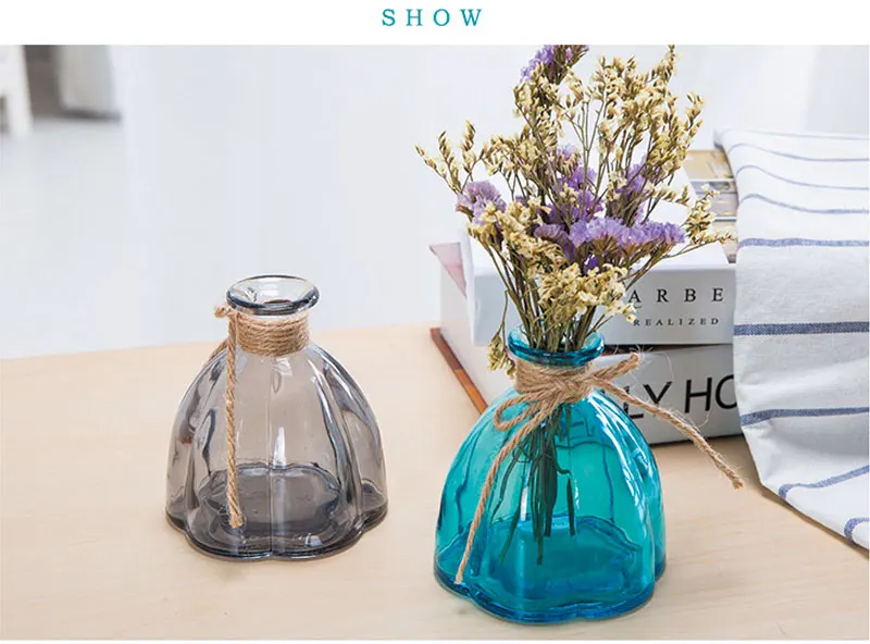 Европейская простая креативная синяя/серая стеклянная ваза, мини прозрачная стеклянная бутылка, пеньковая веревка, настольные вазы, домашний Свадебный декор