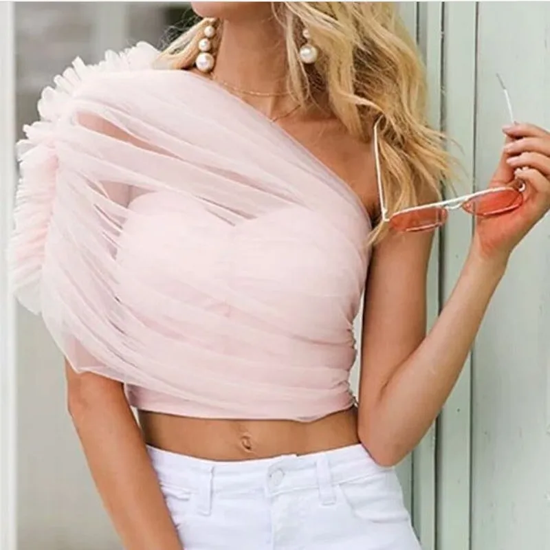 Fashion New Pink Tulle Women Top One Shoulder Ruffles Custom Made Tops Female Vest Cropped Feminino Tnak 2019 Crop Top Fashion New Pink Tulle Women Top One Shoulder Ruffles Custom Made Tops Female Vest Cropped Feminino Tnak 2019 Crop Top
