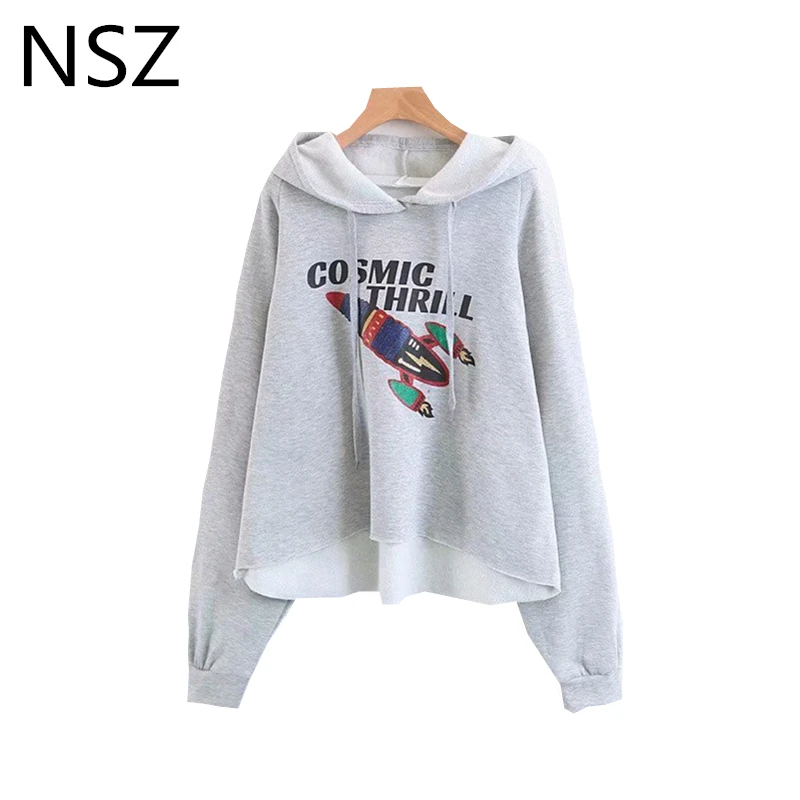 

NSZ Women Solid Gray Fleece Sweatshirt Rocket Letter Long Sleeve Hooded Coat Asymmetry Outerwear Crop Top Hoodies