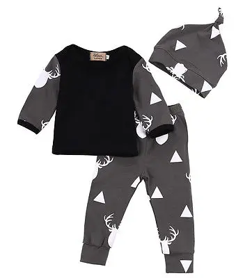 

3PCS Newborn Spring Cotton Deer Children Baby Boys Girls Sets Clothes O-Neck Clothing Sets Boy Long sleeve T Shirt+Hat+Pants