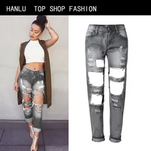 HANLU Femme Jeans Hole Pencil Mid Waist Denim Long Pants European And American Style Spodnie Damskie Jeans Women’s Jeans Summer