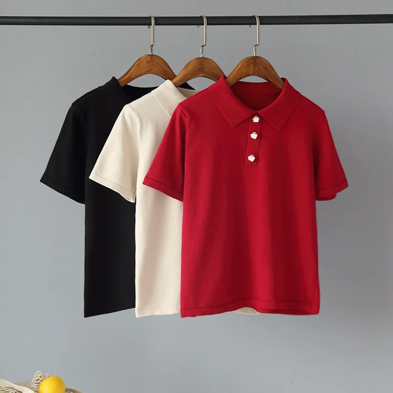 

Summer Women Fashion Trendy Casual Sport Work Wild Polo Shirts Short-sleeved Turn-down Collar Knitted Soft Sweatshirt Tops Tees