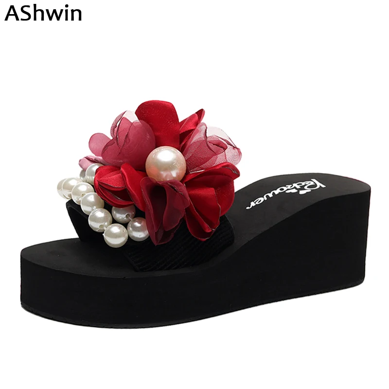 

AShwin summer women sandals flowers pearls wedge platform high heels handmade shoes bohemia beach slippers slides sandals