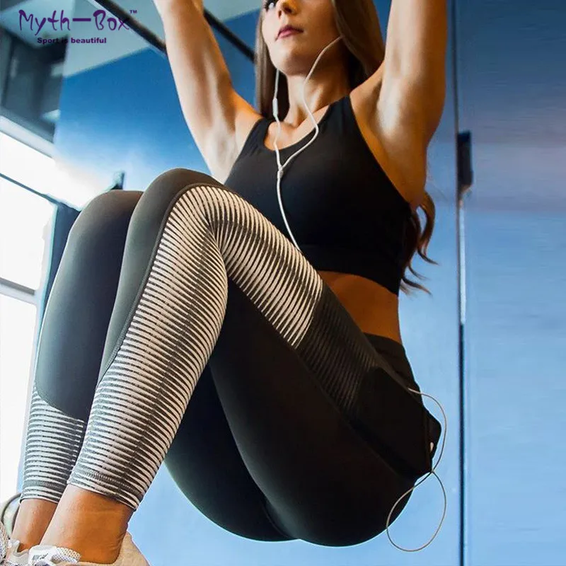 

Women Yoga Pants Fitness Sport Leggings Striped Print Patchwork Elastic Capris Meshy Pocket Running Trousers Skinny Gym Jeggings