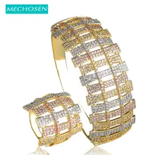 MECHOSEN Luxury Cubic Zirconia Big Bangle Ring Set Gold Color Full Crystal Bracelet & Bangle Wide Ring Women Wedding Jewelry Set