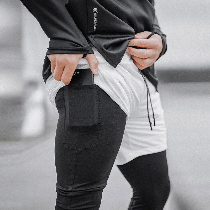 

Men Compression Pants Sport Tights Gyms Fitness Sweatpants Fake Two Pieces Bodybuilding Jogger Skinny Leggings Sportswear