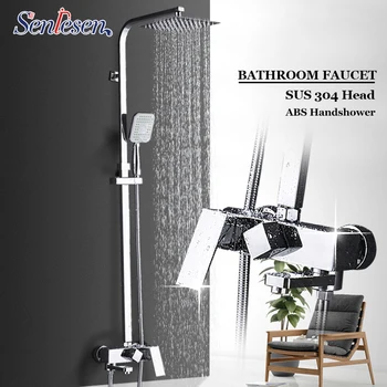 

Senlesen Chrome Bathroom Shower Set Faucet with 10" Ultrathin Showerhead and Handshower Swivel Bathtub Tap Adjust Height