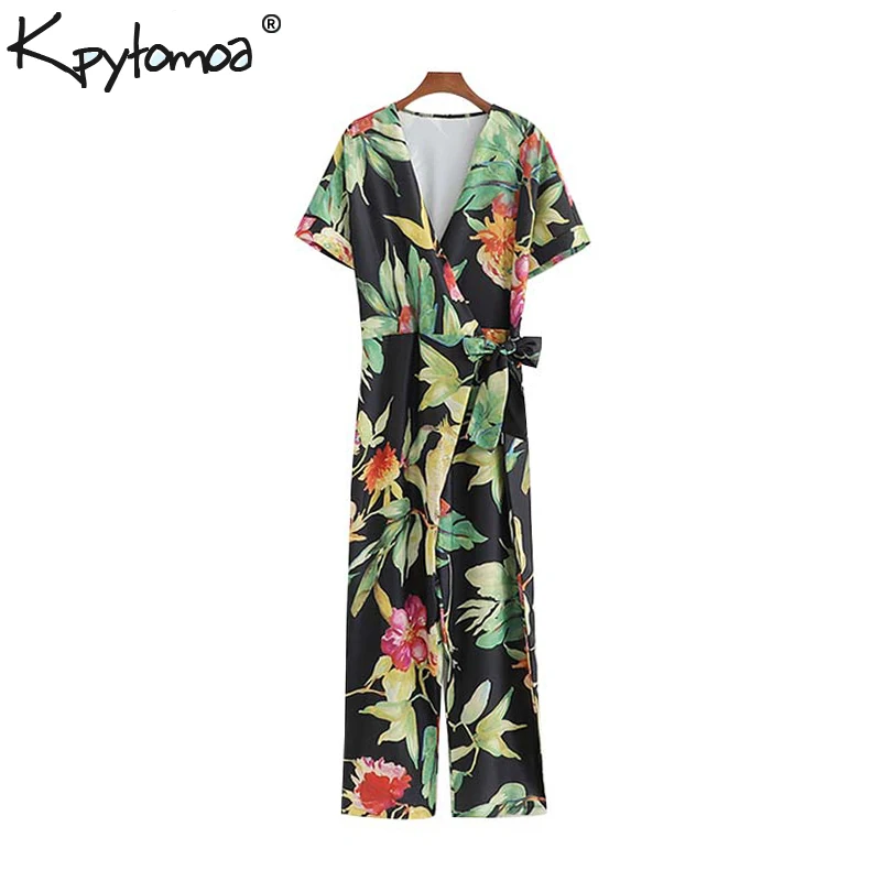 

Vintage Stylish Floral Print Wrap Jumpsuits Women 2019 Fashion Short Sleeve Bow Tie Sashes Ladies Rompers Casual Playsuits Mujer