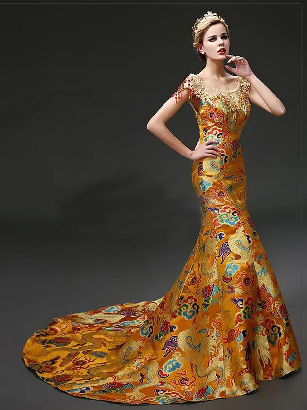 Дракон халат вечернее платье китайский стиль узор Русалка Cheongsam Золотое платье выпускного вечера для свадебной вечеринки на заказ