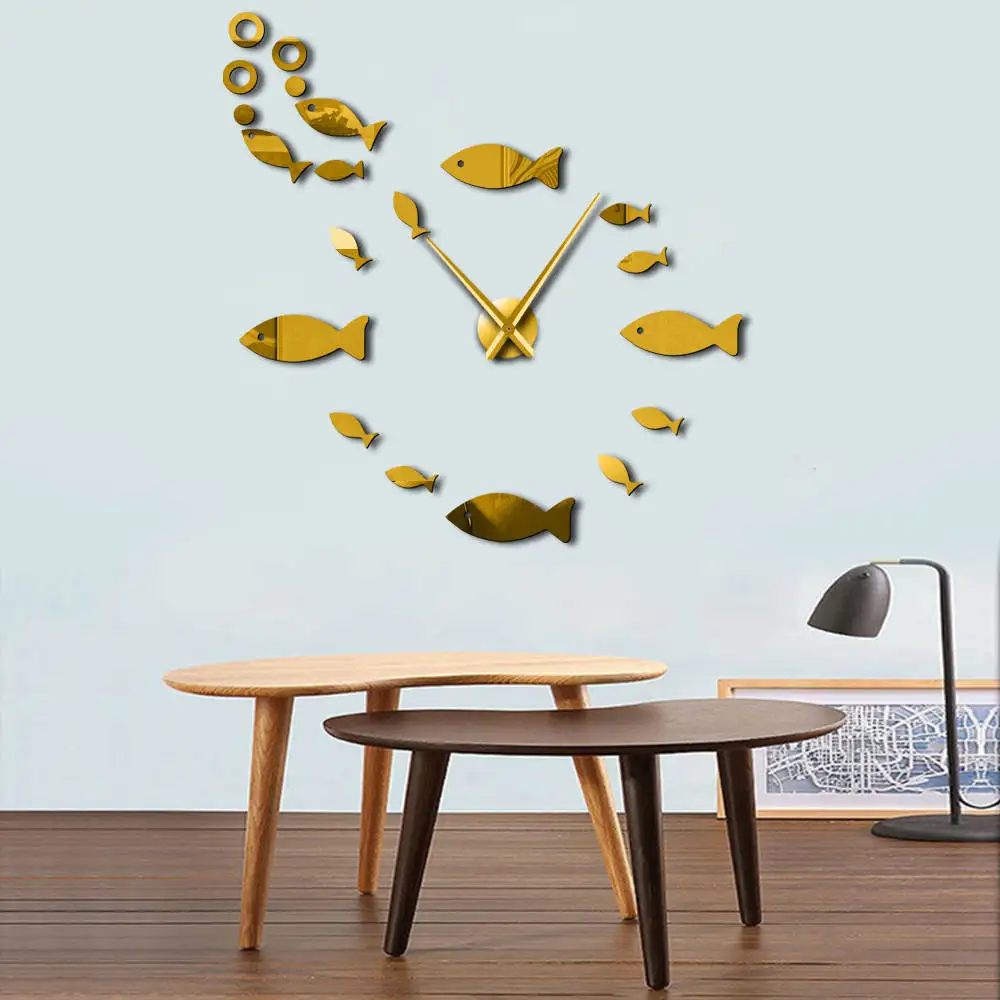 Fish With Bubble DIY Giant Wall Clock Mirror Effect Wall Art Home Decor Aquarium Decoration Frameless Big Needle Clock Watch 3