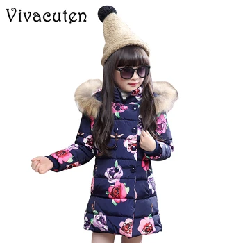 

Fashion Children's Parka Coat Winter Jacket For Girls Floral Printed Kids Thicken Warm Fur Collar Hooded Outwear Teens Overcoat