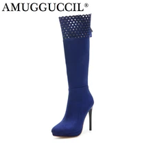 Новинка года; большие размеры 32-45; Цвет черный, синий, красный; пикантные женские сапоги до колена на высоком каблуке и платформе; сезон осень-зима; X1671