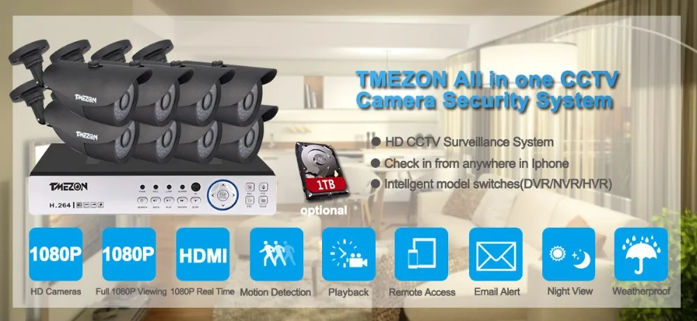 Tmezon AHD 8CH 1080 P DVR 8 шт. 2.0MP 1080 P Камера безопасности Система наблюдения cctv Авто IR-Cut Ночное видение до 30 метров 1 ТБ 2 ТБ комплект