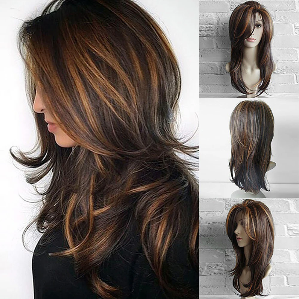 

Ombre Brown Blonde Gold High Density Heat Resistant Synthetic Long Wavy Hair Wig For Black White Women Cosplay Party