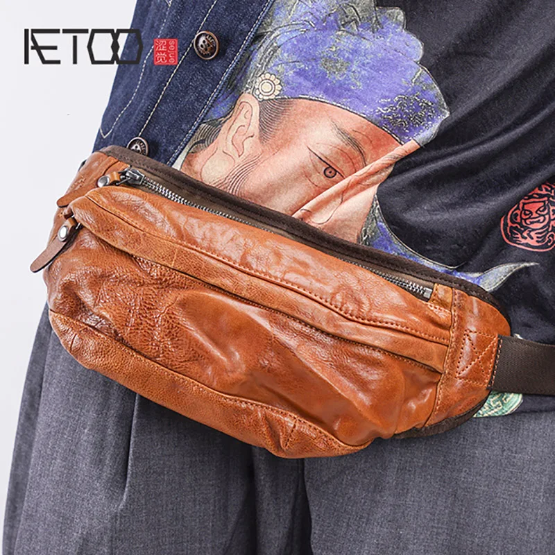 AETOO Sports Crossbody bag male retro casual leather waist packs multifunctional shoulder bag