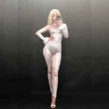 Белый комбинезон из спандекса Легинсы со стразами цельный женский сценический костюм ночной клуб танцевальный комбинезон