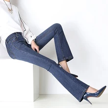 Новинка; расклешённые джинсовые брюки с высокой талией для женщин; Прямые облегающие джинсы; женские длинные брюки из Сатра; высокое качество; эластичные потертые