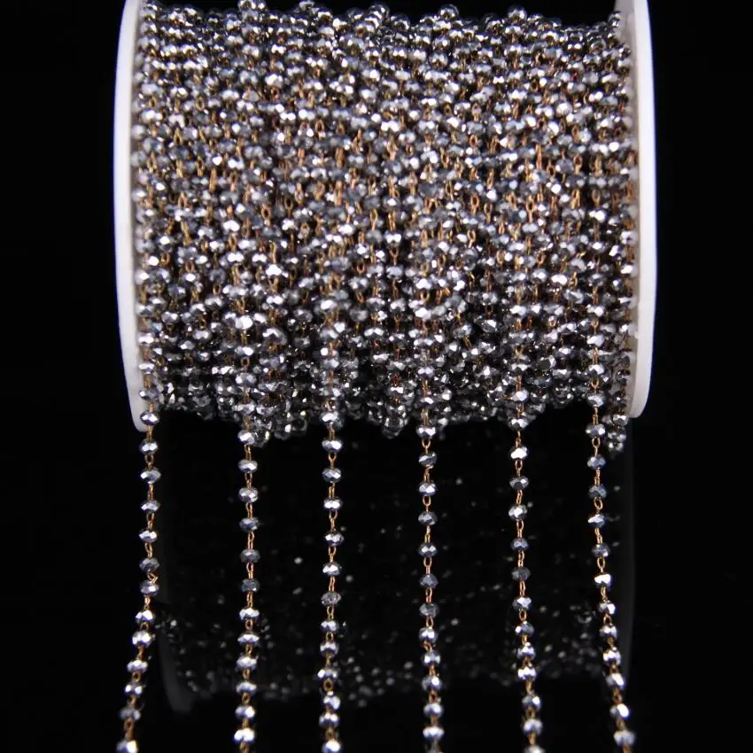 Серебряные стеклянные ограненные кружки розарийная цепь, 2x3 мм бисер из стеклянных кристаллов звено латунная проволока обернутая цепь, DIY Женское Ожерелье Браслеты