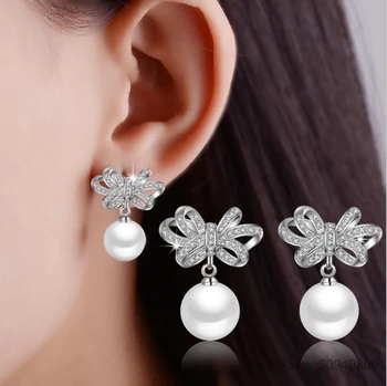 

925 Sterling Silver Jewelry Shiny CZ Zirconia Bowknot Pearl Stud Earrings pendientes boucles d'oreilles oorbellen S-E351