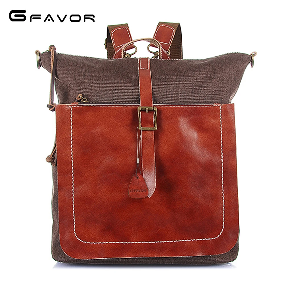 

G-FAVOR Patchwork Crazy Horse Leather&Canvas Shoulder Bag Men Large Capacity School Backpack Students Vintage Travel Bags