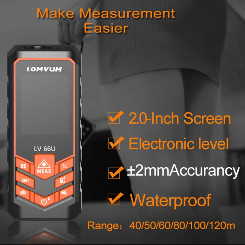 LOMVUM Laser Rangefinder Handhold Digital Laser Distance Meter Electrical Level Tape Laser Distance Measurer 40M-120M LV 66U