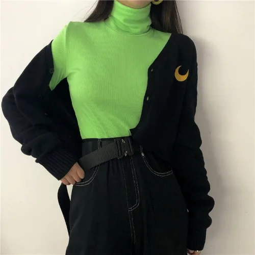 Harajuku Модный женский однобортный Кардиган с вышивкой Луны, Модный мягкий вязаный короткий свитер с длинным рукавом, верхняя одежда - Цвет: green tee