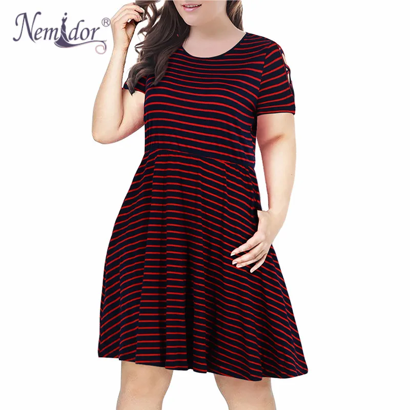 Nemidor Women Casual O-neck Short Sleeve Stripe Print A-line Dress Plus Size 7XL 8XL 9XL Swing Fit and Flare Dress With Pockets - Цвет: red stripe