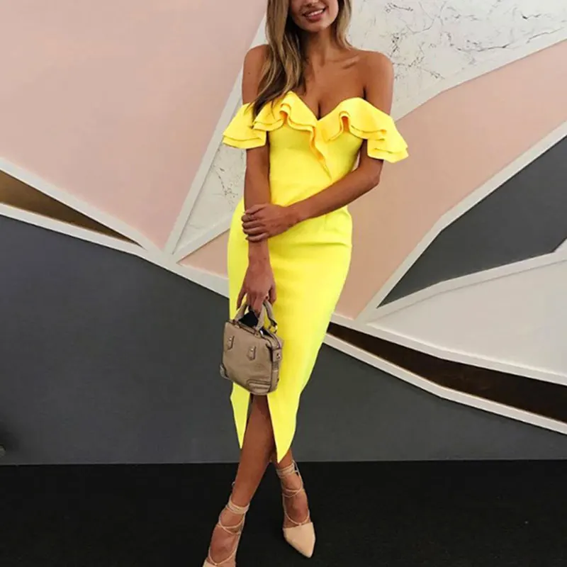 

Double Ruffle Slash Neck Strapeless Dress Summer Bodycon Sexy Women Off Shoulder Butterfly Sleeve Split Party Mid-Calf Dresses
