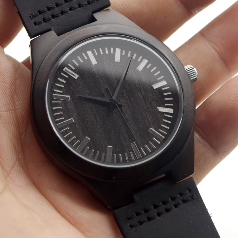 BOBO BIRD V-D26 Mens Black Ebony Wooden Watch Wood Dial Leather Strap Quartz Watches erkek kol saati in Gift Box relojes hombre