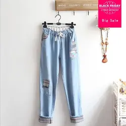 Япония стиль Mori Girl манжеты джинсы для женщин Лето 2018 г. Новый Дикий повседневное джинсы с пэчворком кружево до колледж прямые брюки L464
