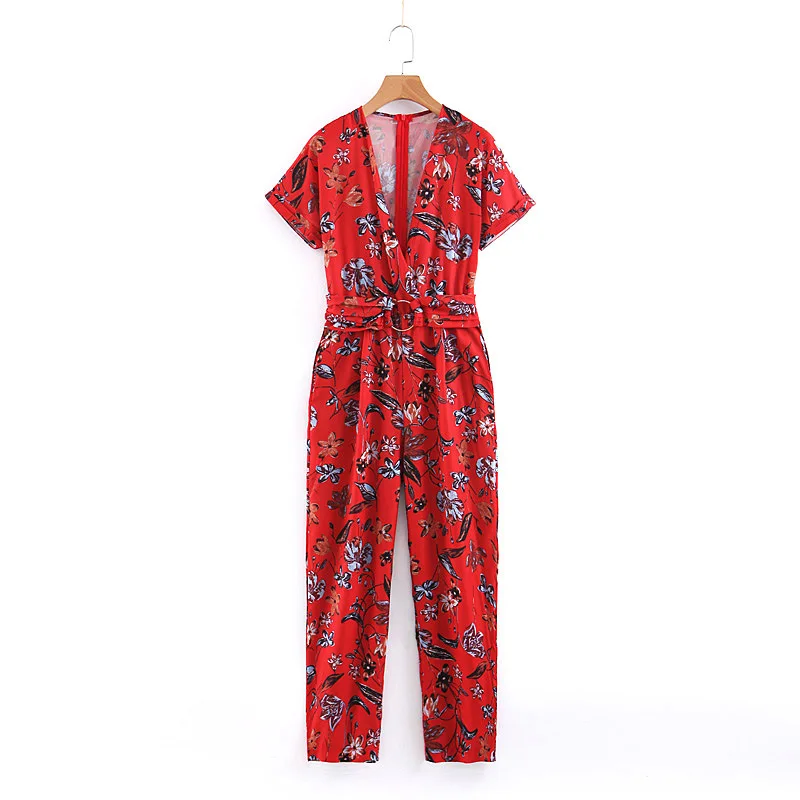 KZ208 Women's Red Color Floral Print V Neck Buckle Belt Deco Slim Waist Jumpsuit Chic | Женская одежда