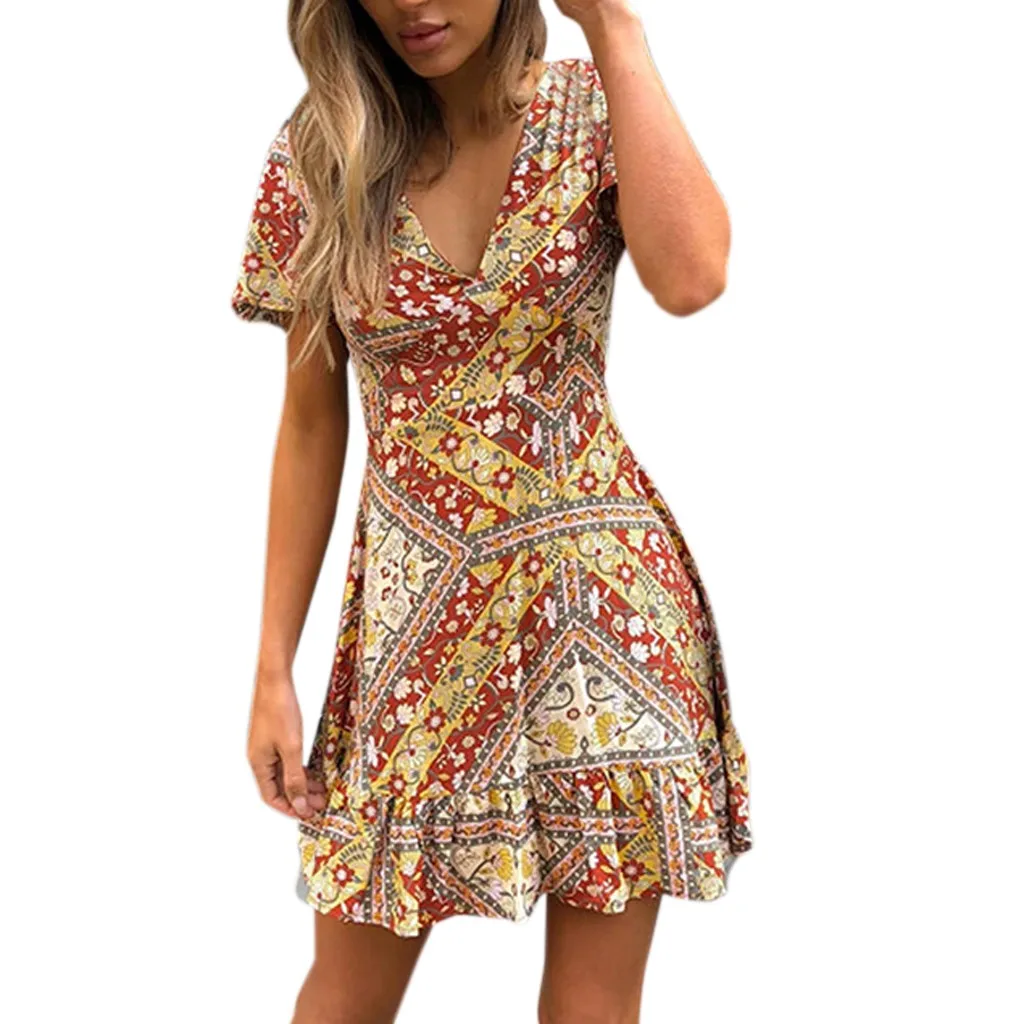 

Vintage dress Womens Sexy Fashion print Casual robe femme dress Ladies V-Neck Print Multicolor Short Sleeve Beach Dress Vestidos