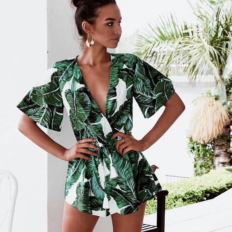 

Sexy Deep V-Neck Bow Women Jumpsuit Short Sashes Ruffles Female Playsuit Summer Casual Jumpsuits Fashion Beach Style Clothing