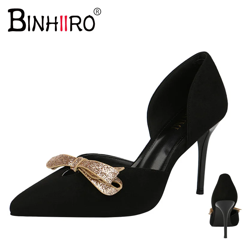 Donne Delle 9 Pompe Tacco Punta Modo black Apricot yellow nodo Alto Farfalla Centimetri A Nero Primavera Alti Flock Scarpe Partito Tacchi Albicocca Sottili Di dqxOnwdHR