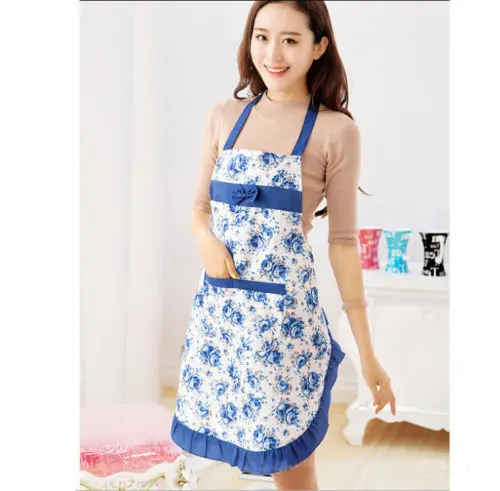 Модный женский нагрудник для кухни с цветочным принтом и бантом фартук с карманами - Цвет: Синий