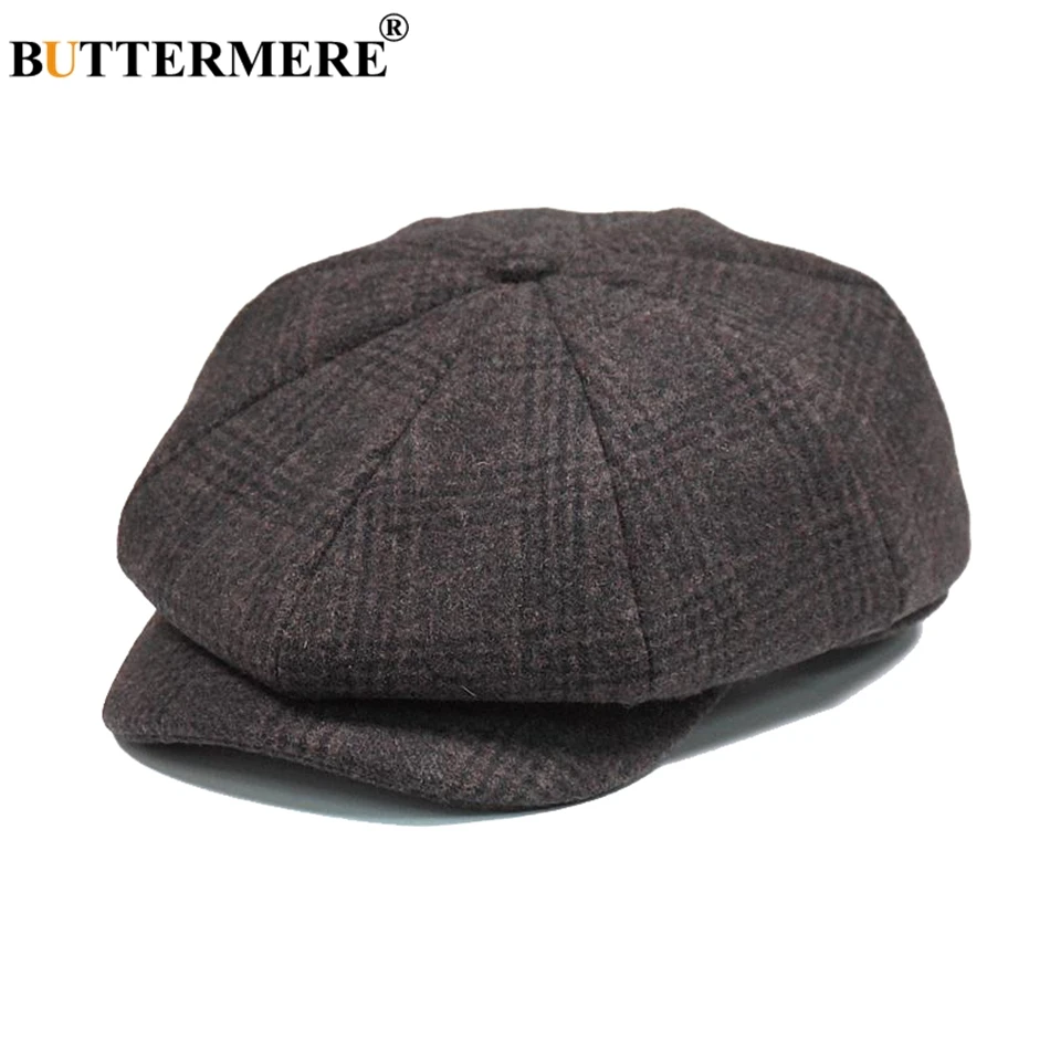 BUTTERMERE Mens Plaid Flat Beret Cap Wool Brown Winter Autumn Vintage